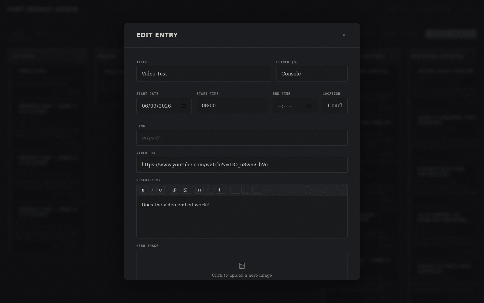 Edit Entry modal showing title, leader, date/time, link, video URL, and rich text description fields
