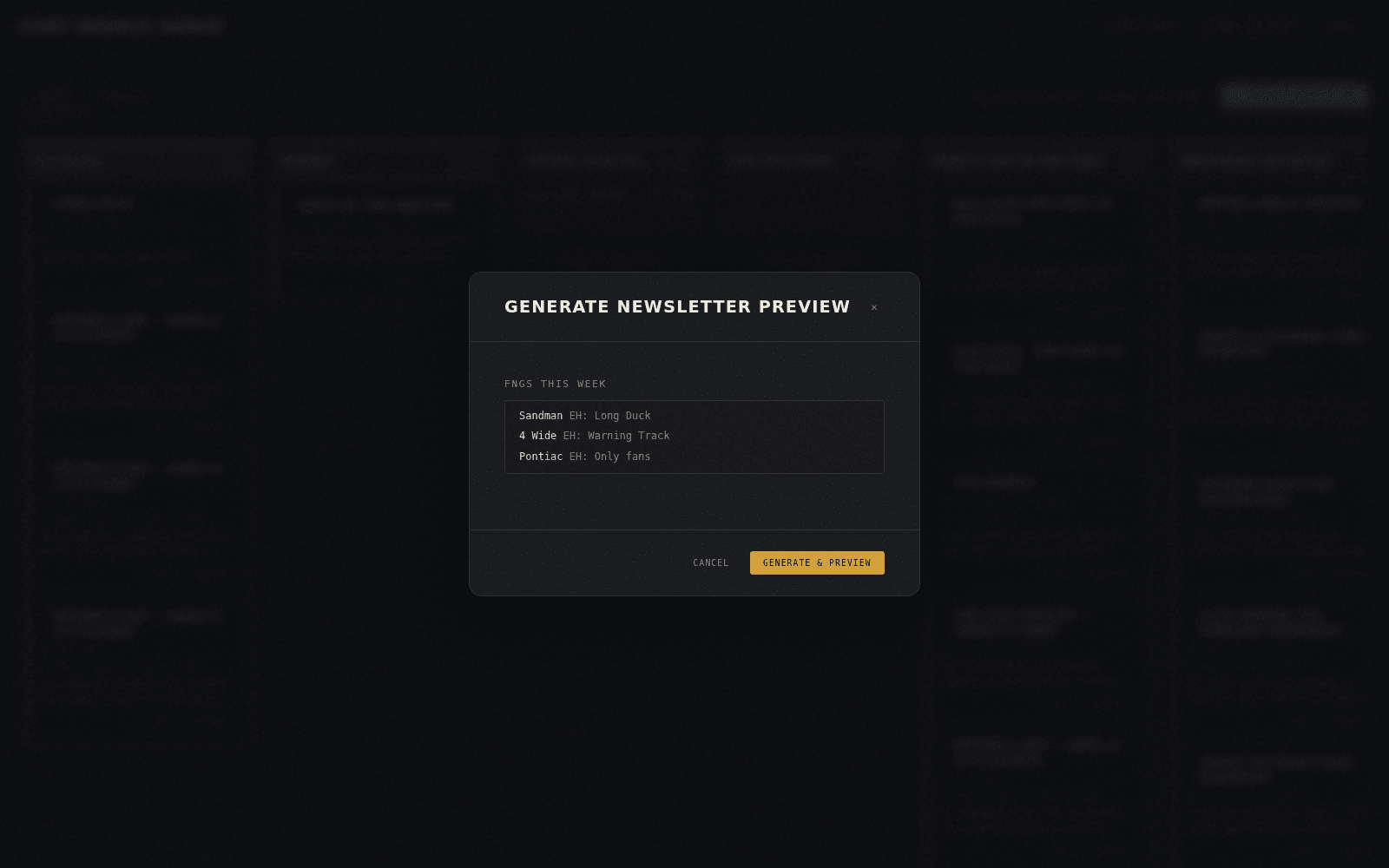 Generate Newsletter Preview modal listing this week's FNGs, with Cancel and Generate & Preview buttons